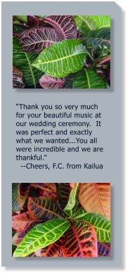 Thank you so very much for your beautiful music at our wedding ceremony.  It was perfect and exactly what we wanted...You all were incredible and we are thankful.      --Cheers, F.C. from Kailua